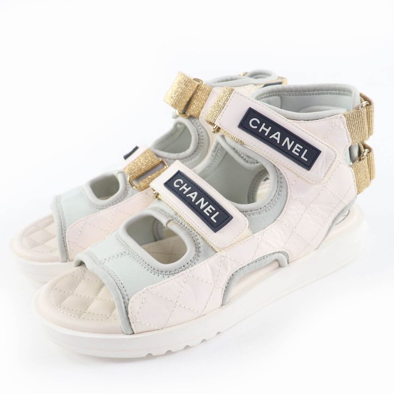 Good Item Chanel 21P G37231 Here Mark Matelasse Velcro Strap Sports Sandals
