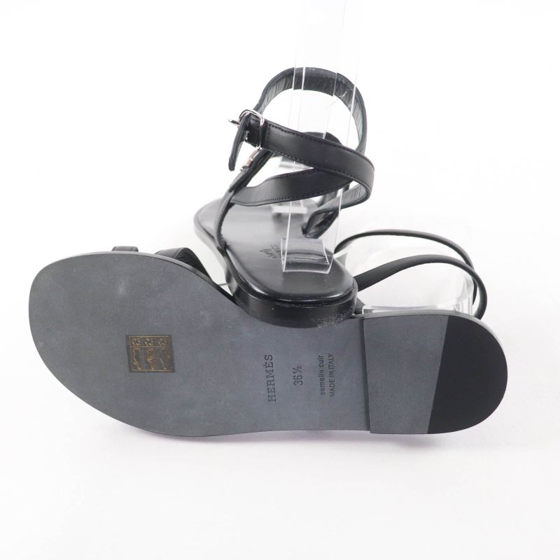 Hermes Silver Hardware Armonie H Hardware Leather Strap Sandal Black 36.5 Made in Italy Women