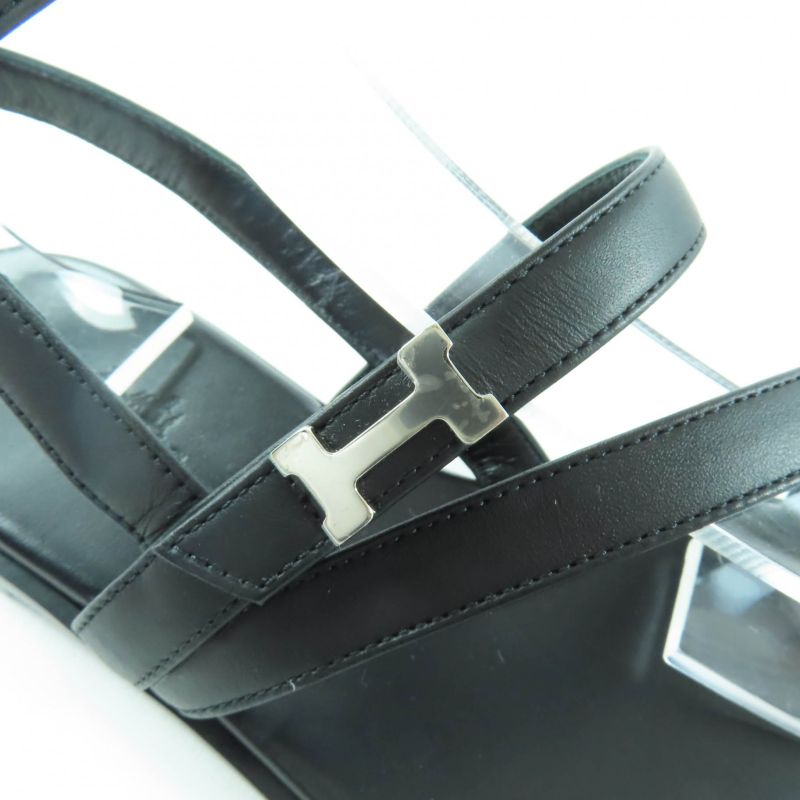 Hermes Silver Hardware Armonie H Hardware Leather Strap Sandal Black 36.5 Made in Italy Women