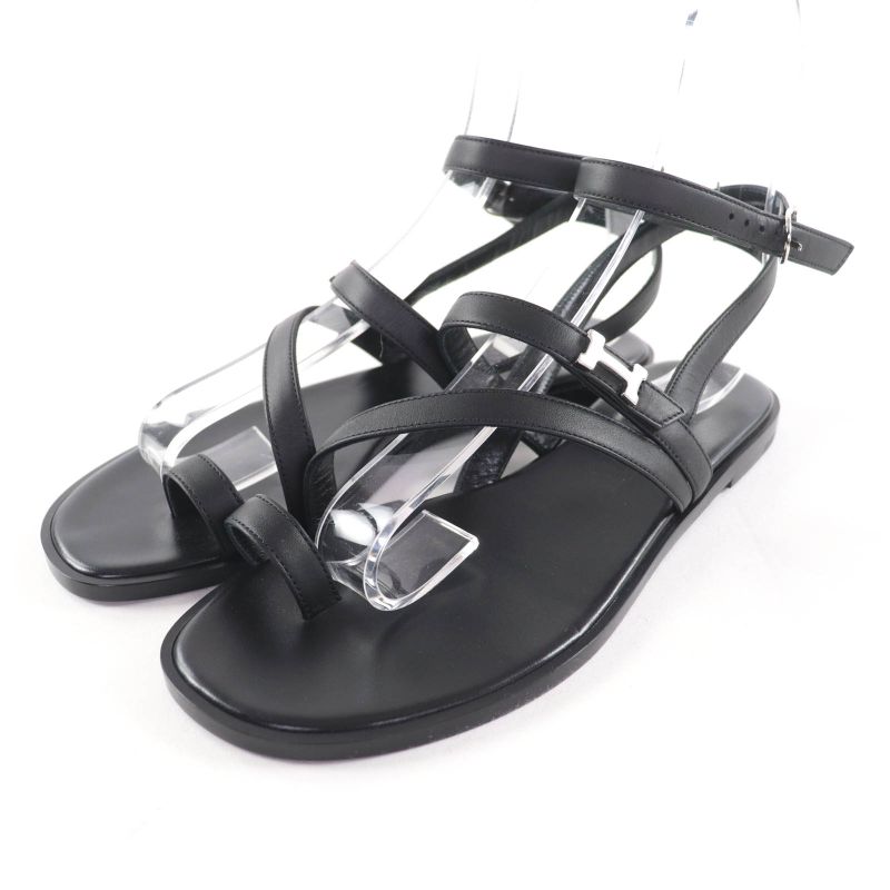 Hermes Silver Hardware Armonie H Hardware Leather Strap Sandal Black 36.5 Made in Italy Women