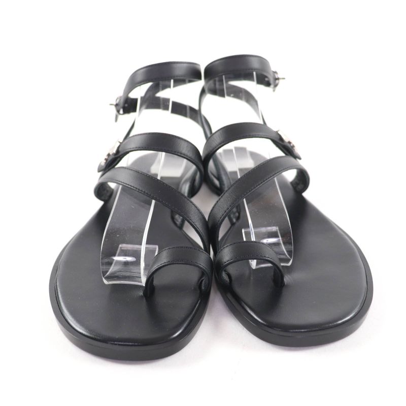 Hermes Silver Hardware Armonie H Hardware Leather Strap Sandal Black 36.5 Made in Italy Women