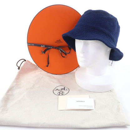 Hermes 100% Cotton H Logo Embroidery Bucket Hat Navy 59 Box And Storage Bag