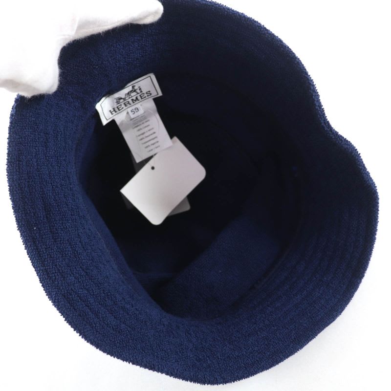 Hermes 100% Cotton H Logo Embroidery Bucket Hat Navy 59 Box And Storage Bag