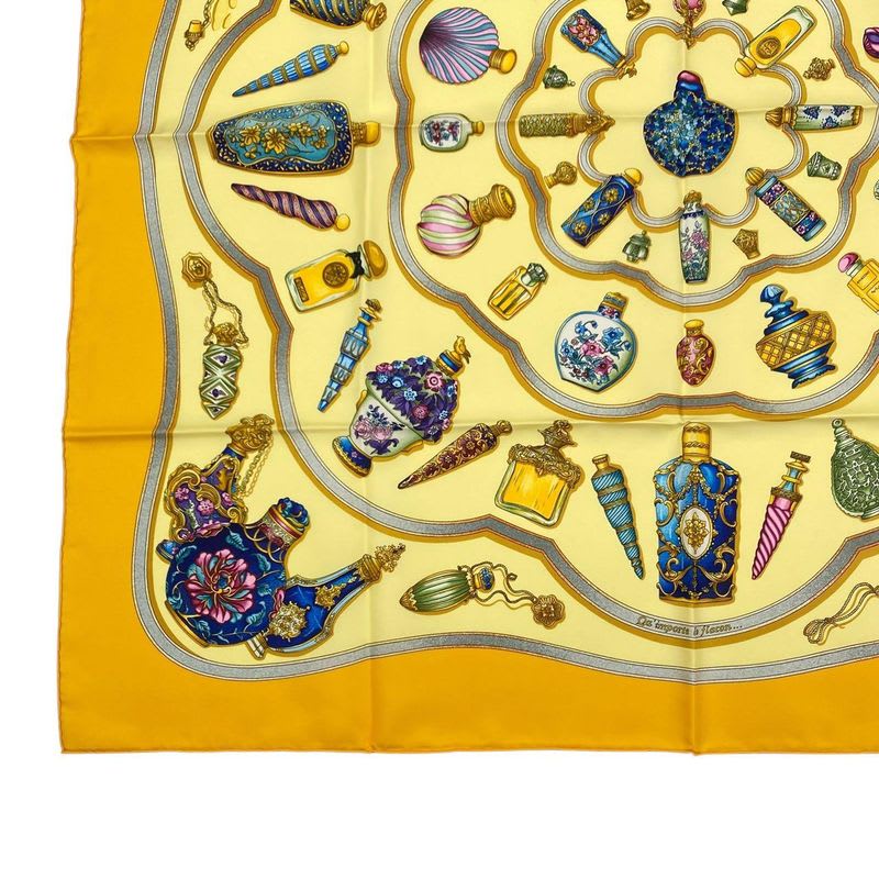 Hermes Scarf Carre 90 Silk Quimporte Le Flacon Perfume Bottle Yellow