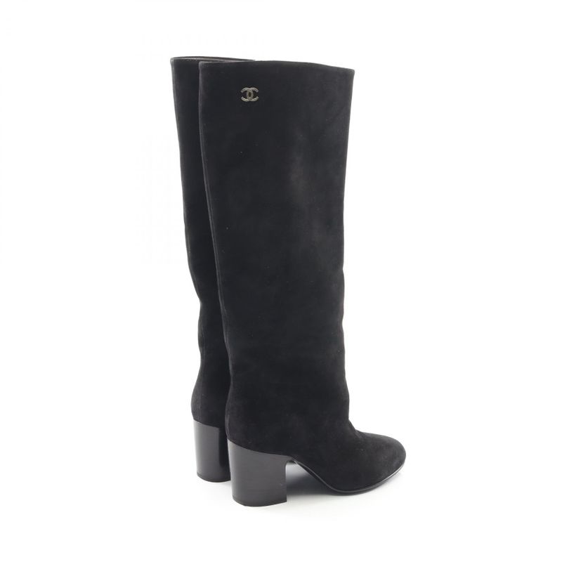Chanel Boots Coco Mark Black Suede Long Boots Women's Used B