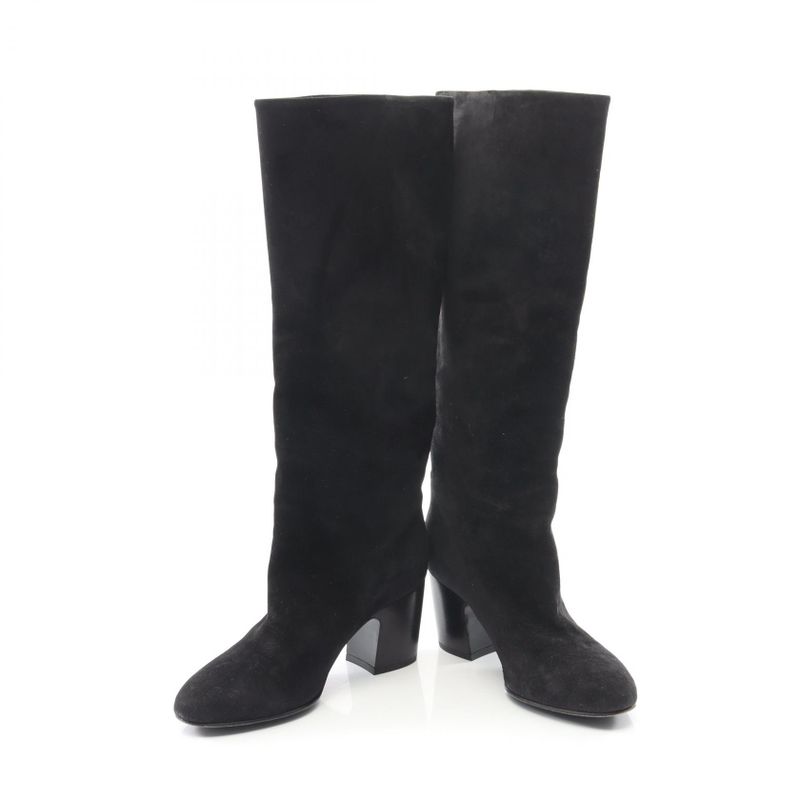 Chanel Boots Coco Mark Black Suede Long Boots Women's Used B