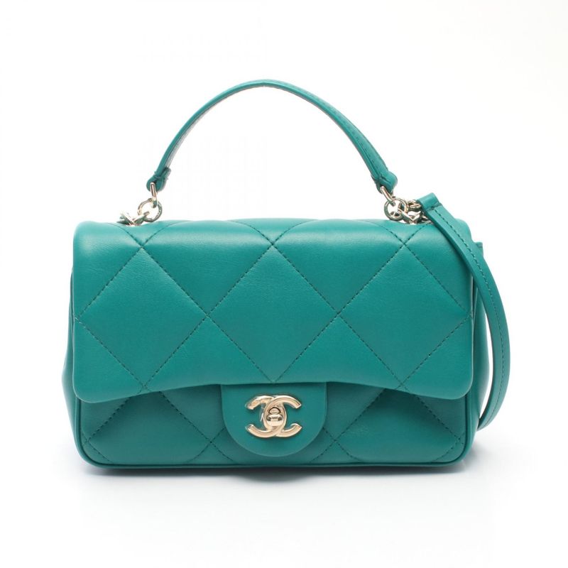 Chanel Shoulder Bag Top Handle Matelasse Green Lambskin Top Handle Matelasse