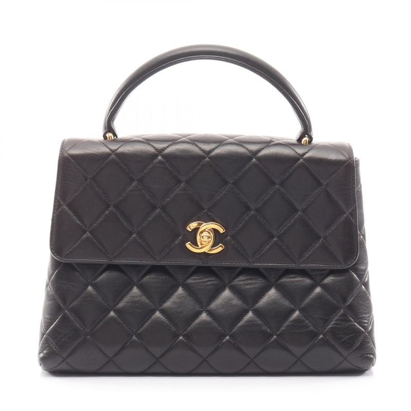 Chanel Handbag Matelasse Top Handle Black Lambskin Matelasse Handbag Ladies