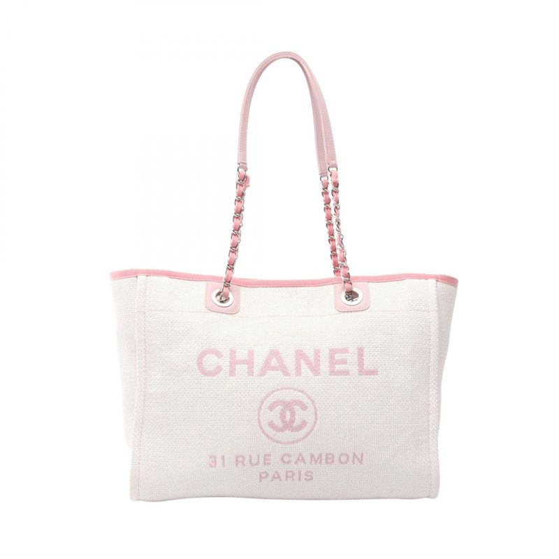 Chanel Tote Bag Deauville A67001 Light Pink Canvas Leather Deauville Chain Tote