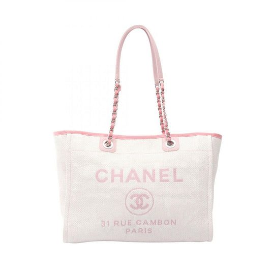 Chanel Tote Bag Deauville A67001 Light Pink Canvas Leather Deauville Chain Tote