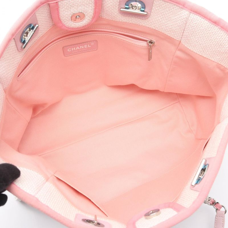 Chanel Tote Bag Deauville A67001 Light Pink Canvas Leather Deauville Chain Tote