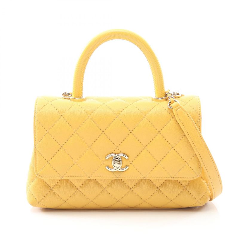 Chanel Handbag Coco Handle Flap Matelasse A92990 Yellow Leather Calf (Cowhide)