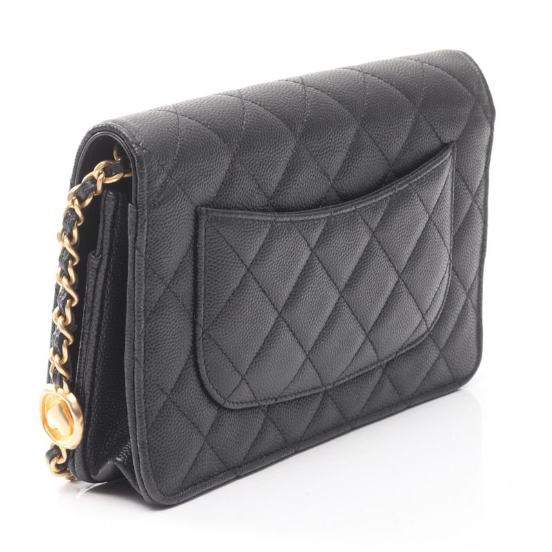 Chanel Shoulder Bag Matelasse Icon Black Leather Calf Matelasse Chain Wallet