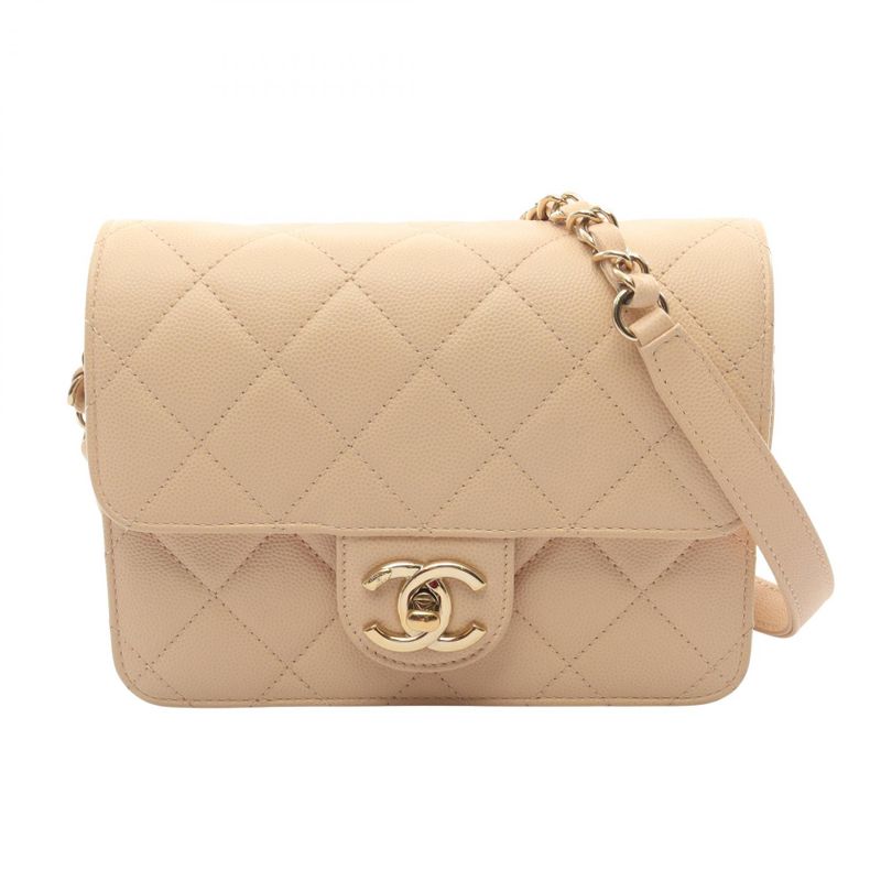 Chanel Shoulder Bag Matelasse Mini Flap Beige Leather Calf Matelasse Small Flap