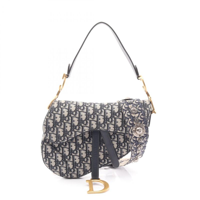 Dior Handbag Saddle Bag Oblique Jacquard Navy Canvas Leather Oblique Saddle Bag