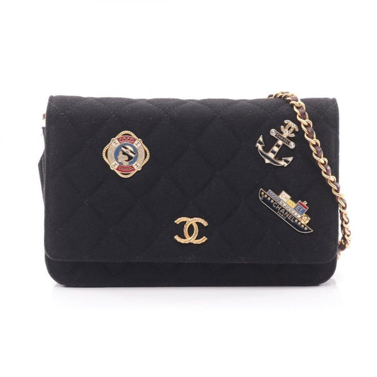 Chanel Shoulder Bag Matelasse Black Wool Matelasse Icon Charm Chain Wallet