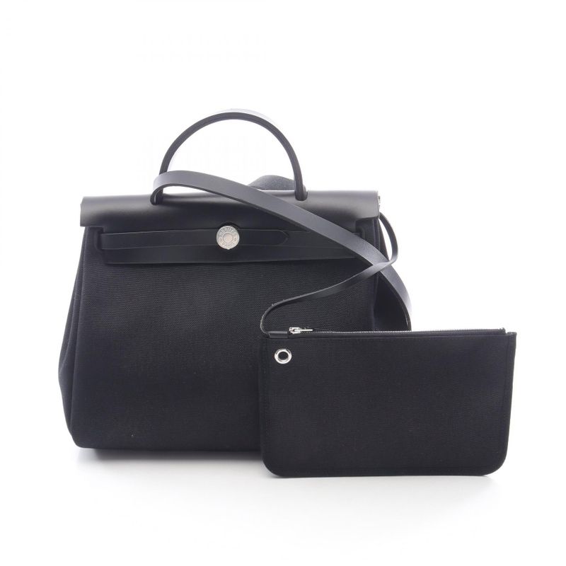 Hermes Handbag Herbag Her Bag Zip PM Letourne Black Leather Canvas Herbag Her