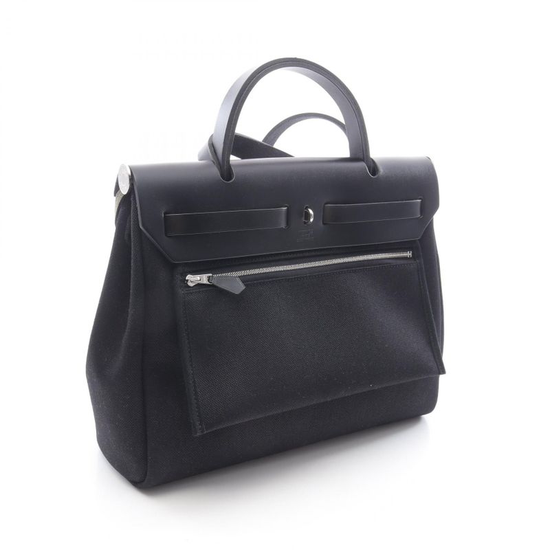 Hermes Handbag Herbag Her Bag Zip PM Letourne Black Leather Canvas Herbag Her