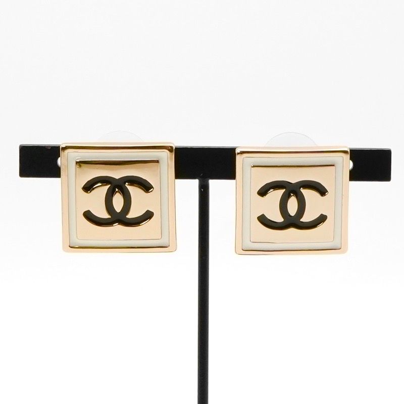 Chanel Earrings Earring Gold Black White Coco Mark Square