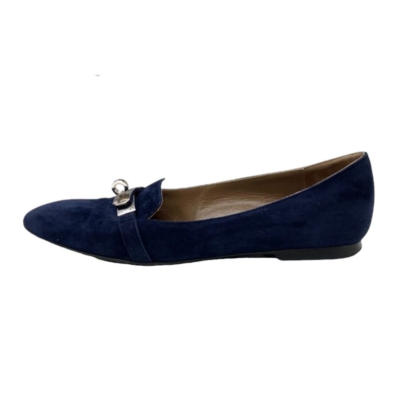Hermes Pegase Flat Shoes Suede Navy Silver Kelly Hardware Loafers