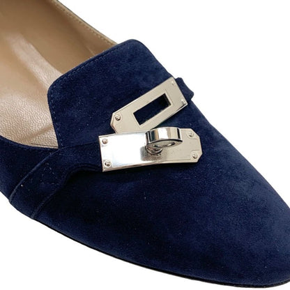 Hermes Pegase Flat Shoes Suede Navy Silver Kelly Hardware Loafers