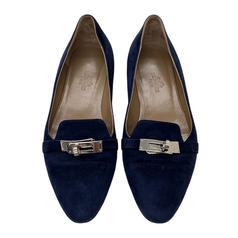 Hermes Pegase Flat Shoes Suede Navy Silver Kelly Hardware Loafers