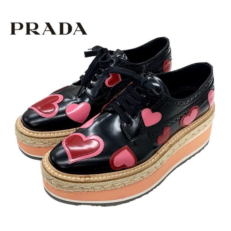 Prada Flat Shoes Black Red Pink Lace Up Shoes Heart Platform