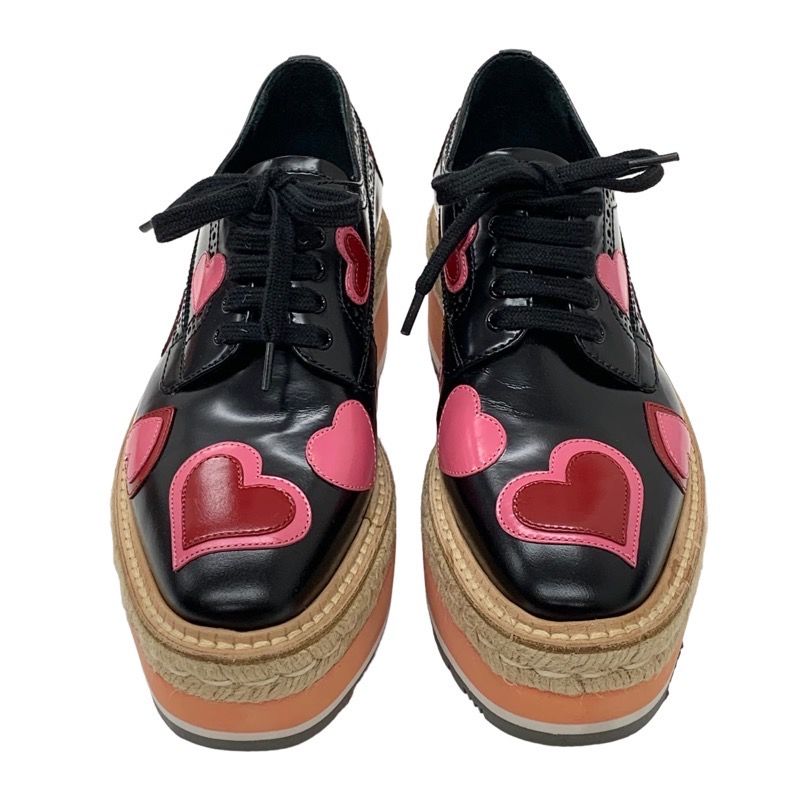 Prada Flat Shoes Black Red Pink Lace Up Shoes Heart Platform