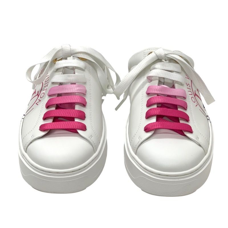 Louis Vuitton Time Out Line Monogram Sneakers Shoes Leather White Pink Flat