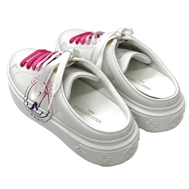 Louis Vuitton Time Out Line Monogram Sneakers Shoes Leather White Pink Flat