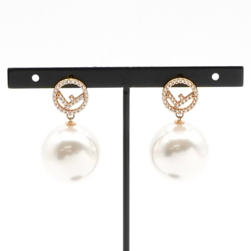 Fendi F's Earrings Gold White Rhinestone Pearl