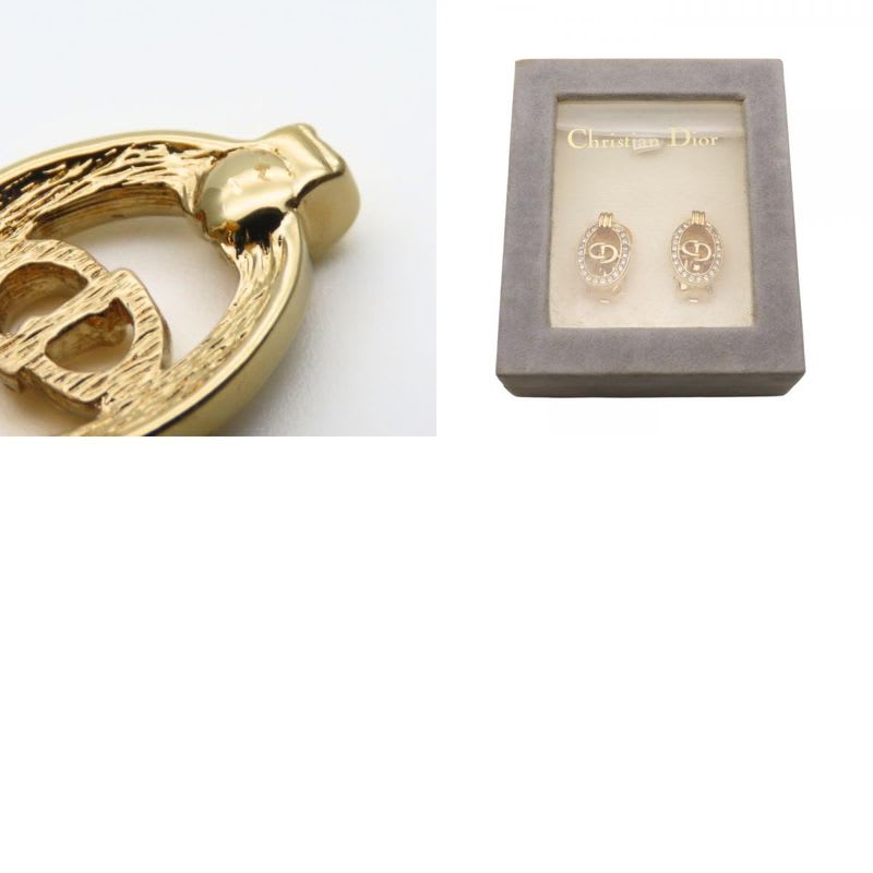 Christian Dior Earrings CD Logo Metal Rhinestone Gold GP Plating Accessory