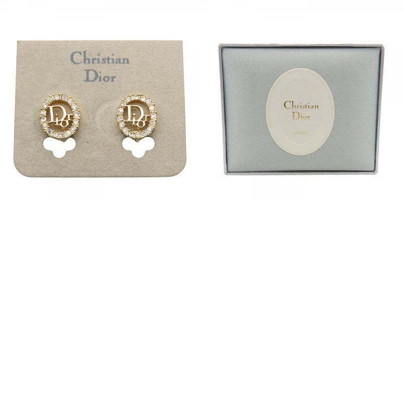 Christian Dior Earrings CD Logo Metal Rhinestone Gold GP Plating Accessory
