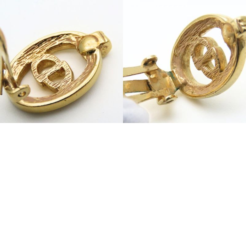 Christian Dior Earrings CD Logo Metal Rhinestone Gold Plated GP Accessories