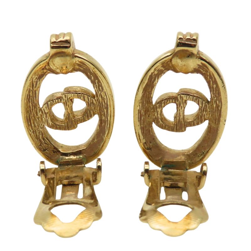 Christian Dior Earrings CD Logo Metal Rhinestone Gold Plated GP Accessories