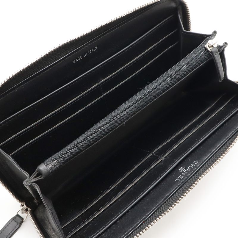 Chanel Deauville Line Round Zipper Long Wallet Tweed Canvas Leather Gray Black