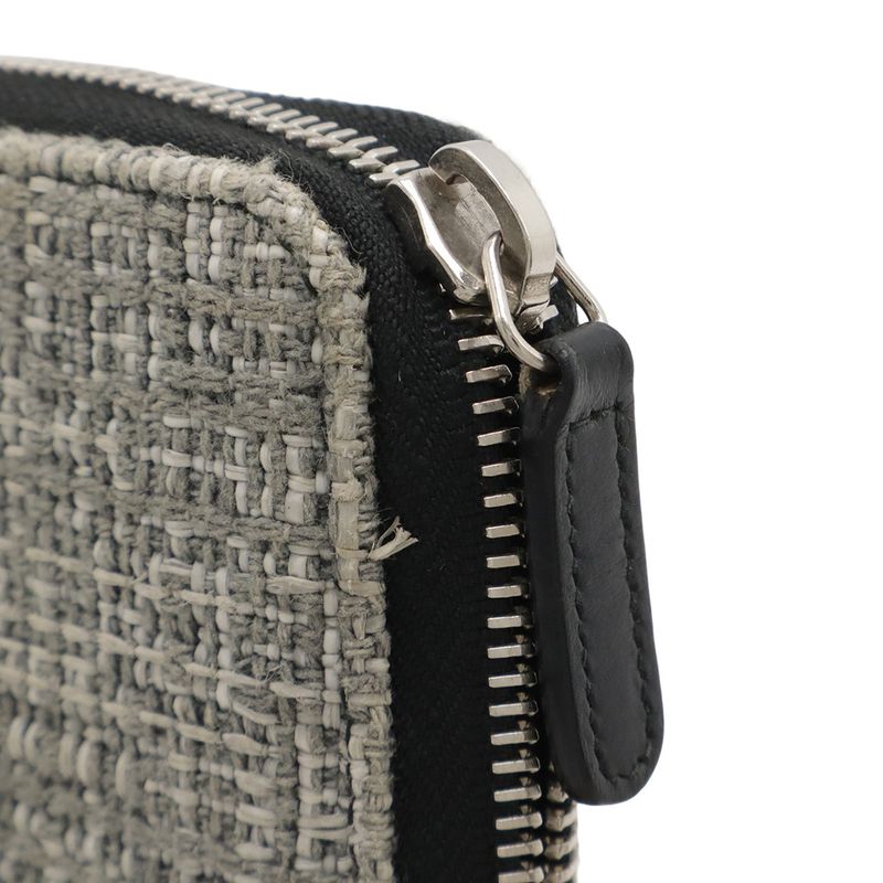 Chanel Deauville Line Round Zipper Long Wallet Tweed Canvas Leather Gray Black