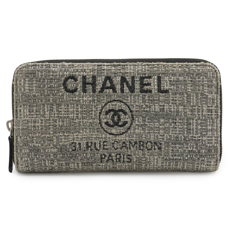 Chanel Deauville Line Round Zipper Long Wallet Tweed Canvas Leather Gray Black