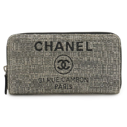 Chanel Deauville Line Round Zipper Long Wallet Tweed Canvas Leather Gray Black