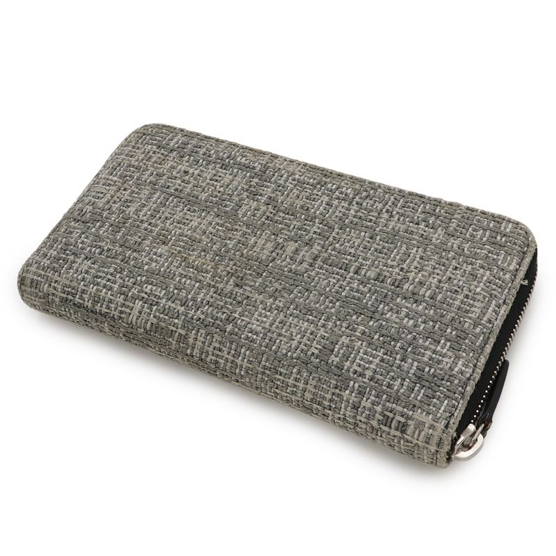 Chanel Deauville Line Round Zipper Long Wallet Tweed Canvas Leather Gray Black