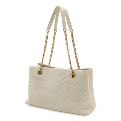 Chanel V Stitch Chevron Tote Bag Chain Shoulder Leather Ivory