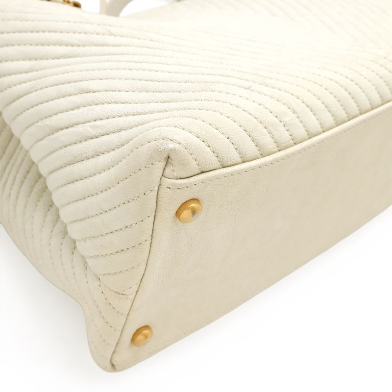 Chanel V Stitch Chevron Tote Bag Chain Shoulder Leather Ivory