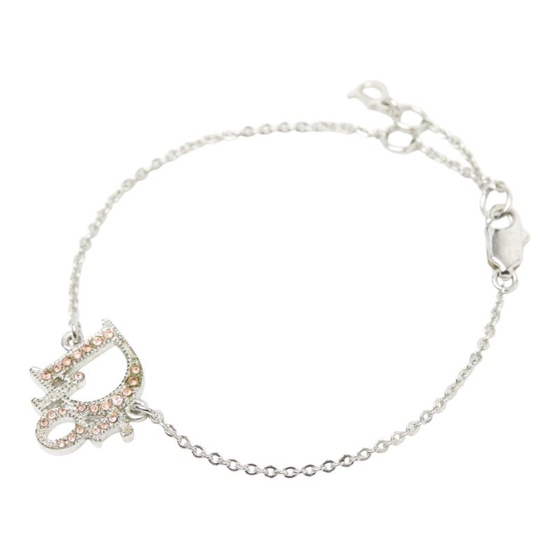 Christian Dior Logo Rhinestone Silver Pink Metal Women's Christian Dior