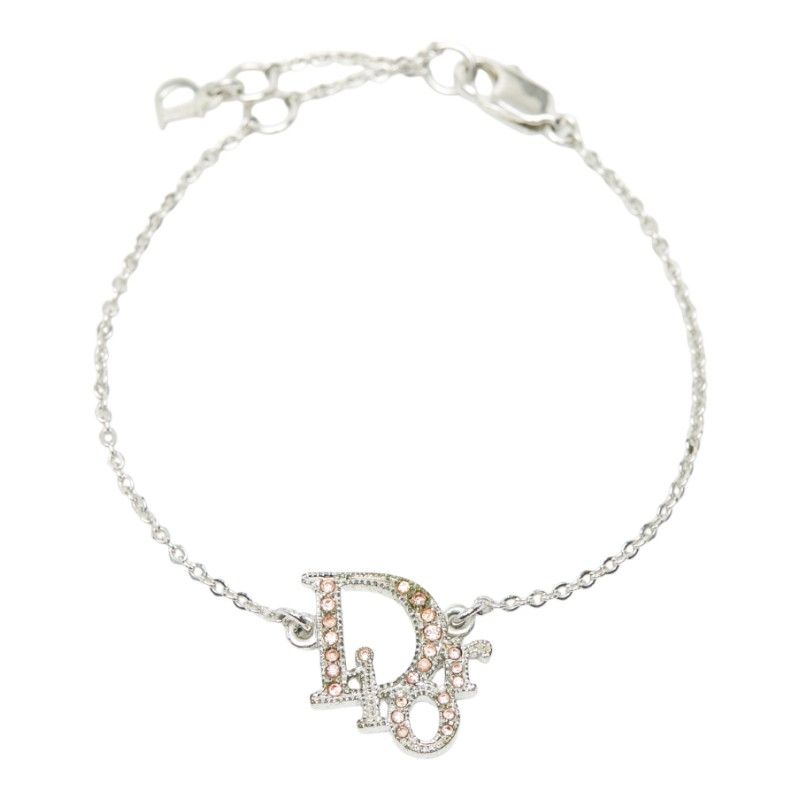 Christian Dior Logo Rhinestone Silver Pink Metal Women's Christian Dior