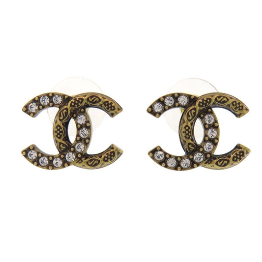 Chanel Coco Mark Rhinestone Earrings Metal Women's