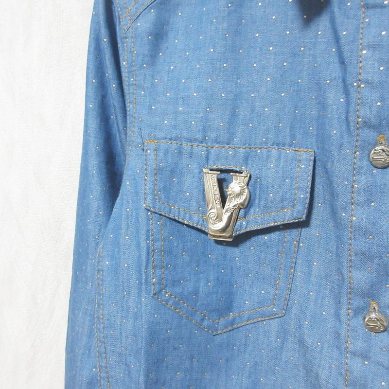 Versace Jeans Pin Dot Chien Bra Shirt Size 38 Blue Ladies Used