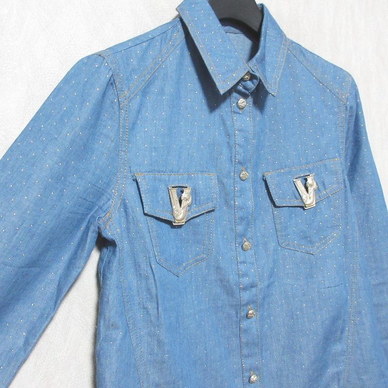 Versace Jeans Pin Dot Chien Bra Shirt Size 38 Blue Ladies Used