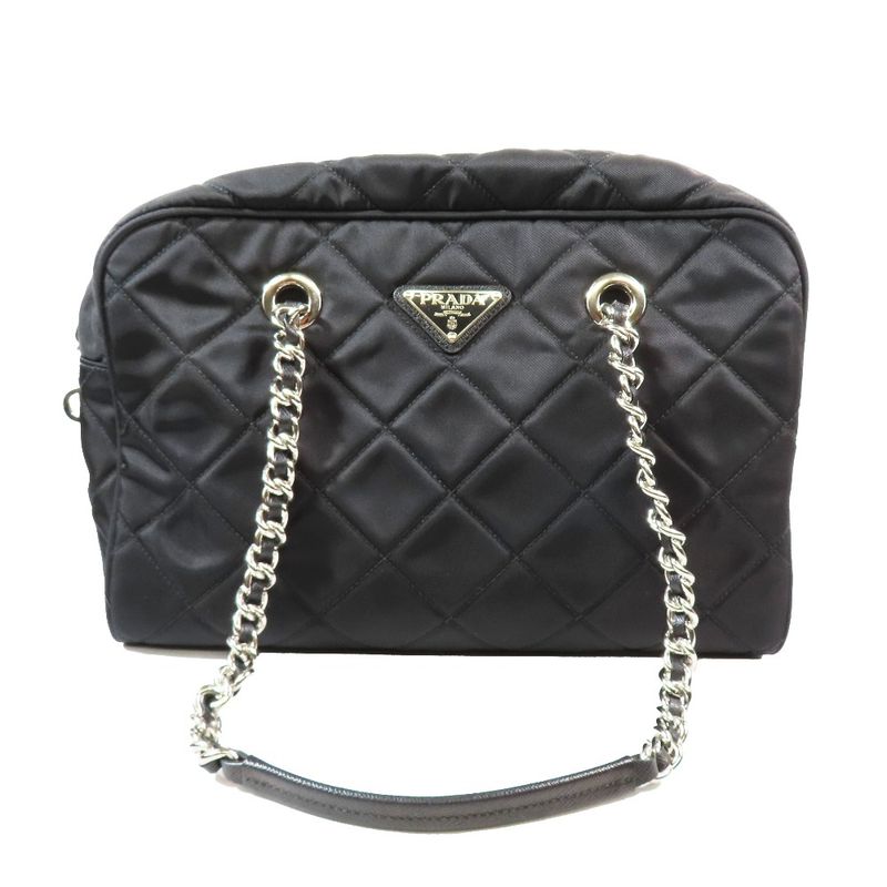 Prada Triangle Logo Nylon Quilted Silver Chain Tote Shoulder Bag Triangle Plate