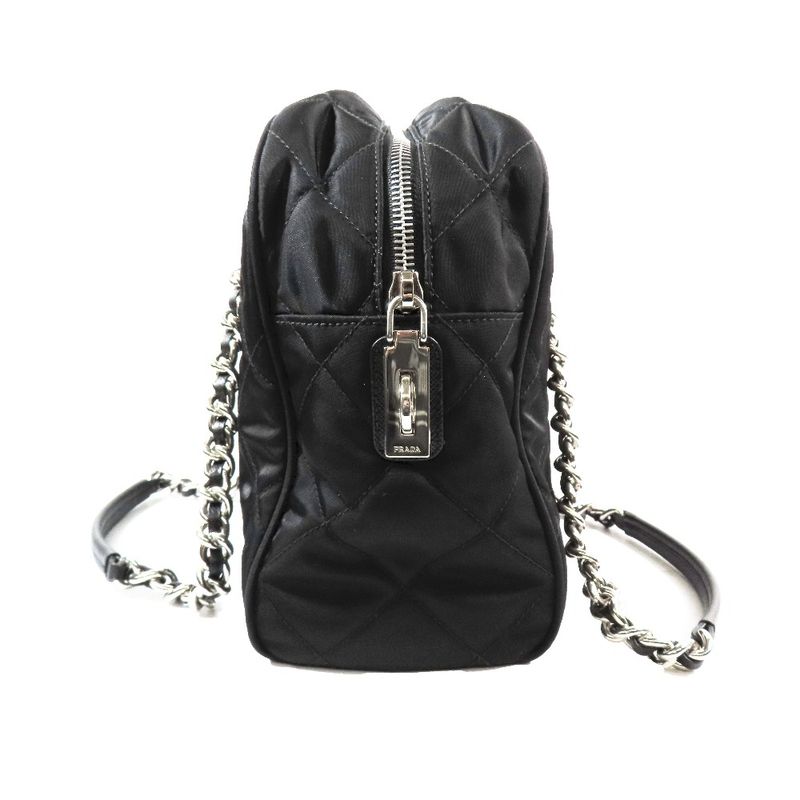 Prada Triangle Logo Nylon Quilted Silver Chain Tote Shoulder Bag Triangle Plate