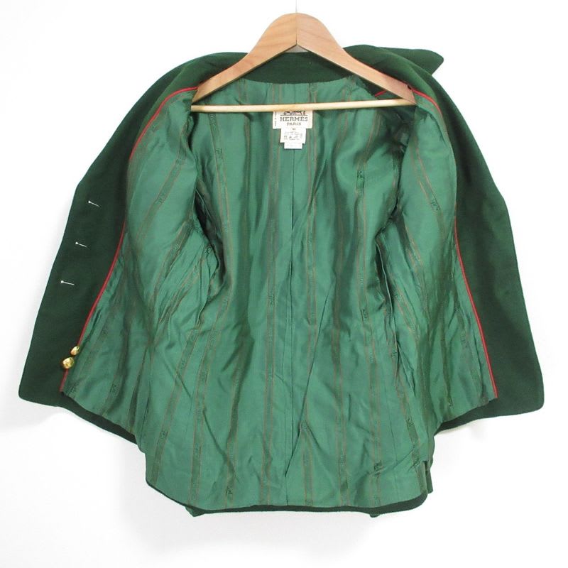 Hermes Vintage Gold Button Wool Jacket Size 40 Green Ladies